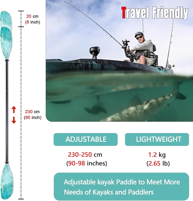 WONITAGO Angler Kayak Paddles Aluminum Paddle with Plastic Blades and Paddle Leash, Floating Adjustable Fishing Kayak Oars, 3 Piece, 230-250cm/90-98 inch - Image 4